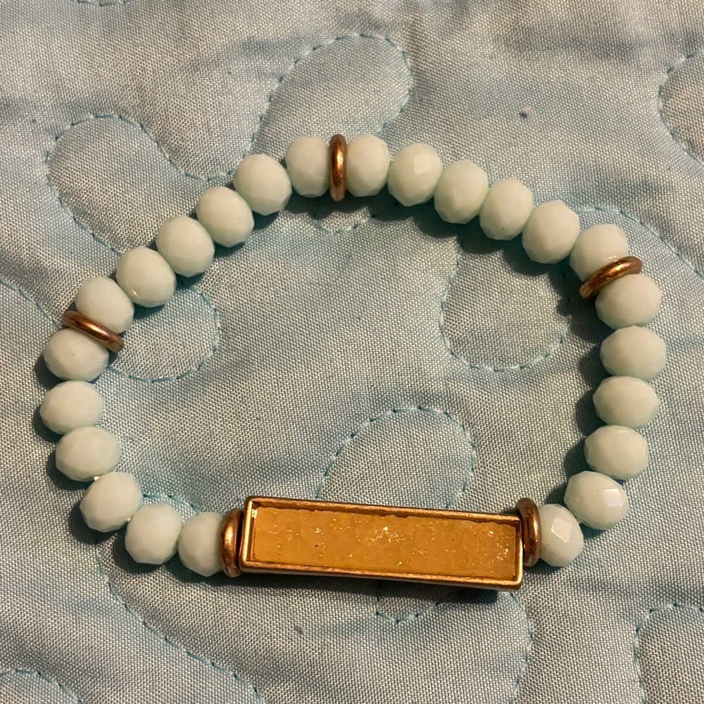 Gold Bar Accent Light Blue Bead Stretch Bracelet
